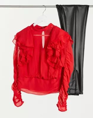 ASOS DESIGN long sleeve ruffle chiffon blouse in red | ASOS (Global)