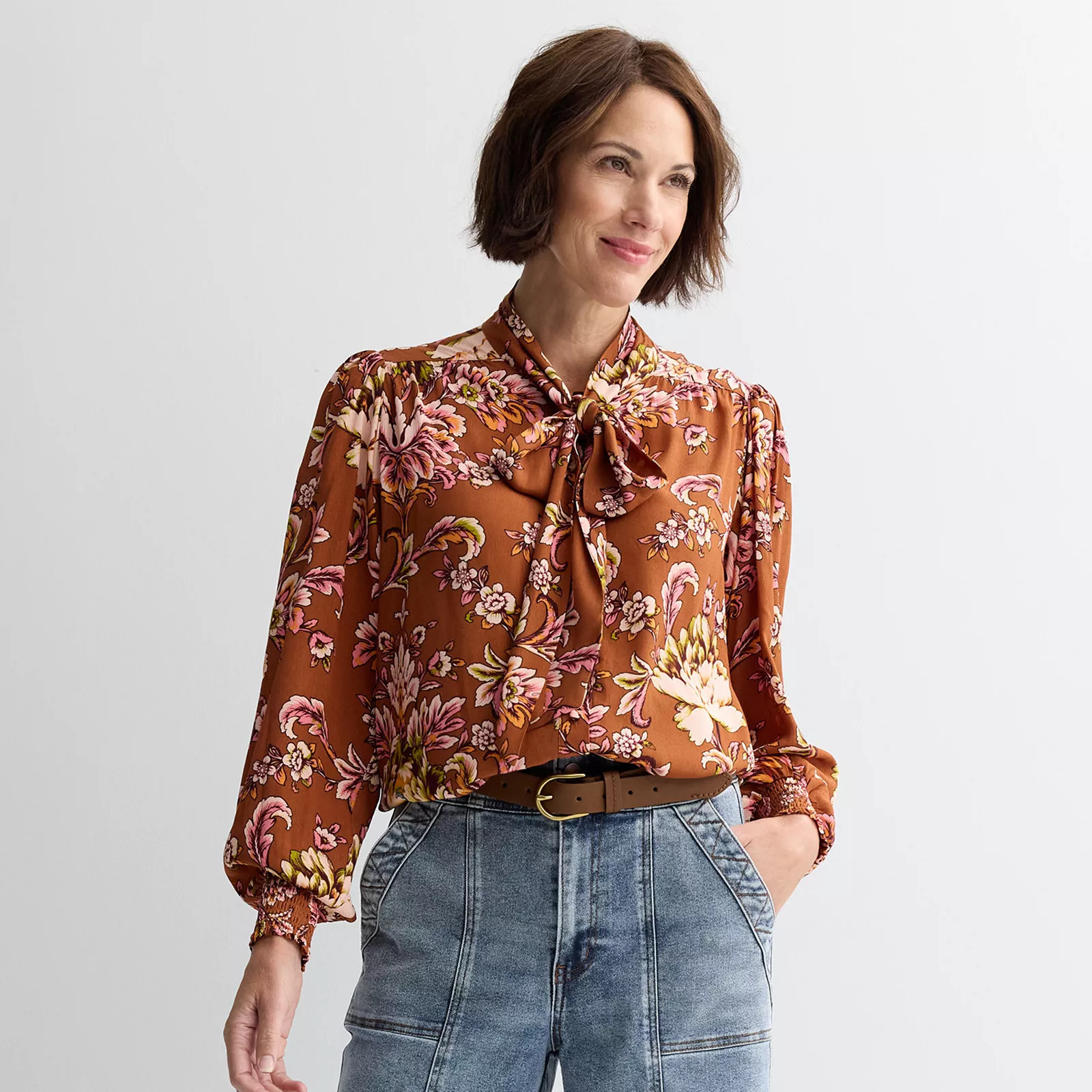 Women's Farmers Market Long Sleeve Bow Tied Neck Printed Blouse, Size: Large, Harvest Bloom | Kohl's