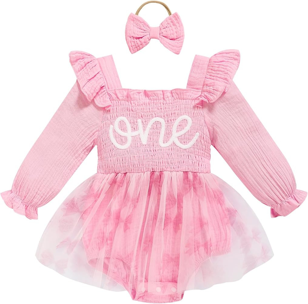 TITKKOP Baby Girl 1st Birthday Clothes One Year Old Tulle Romper Long Sleeve Bodysuit Cake Smash ... | Amazon (US)