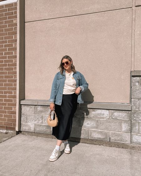 Midsize spring outfit - black satin midi skirt (size L), oversized graphic tee (L), Amazon denim jacket (M), Amazon crescent bag, neutral sneakers 

Casual spring outfits, spring style


#LTKmidsize #LTKSeasonal #LTKstyletip