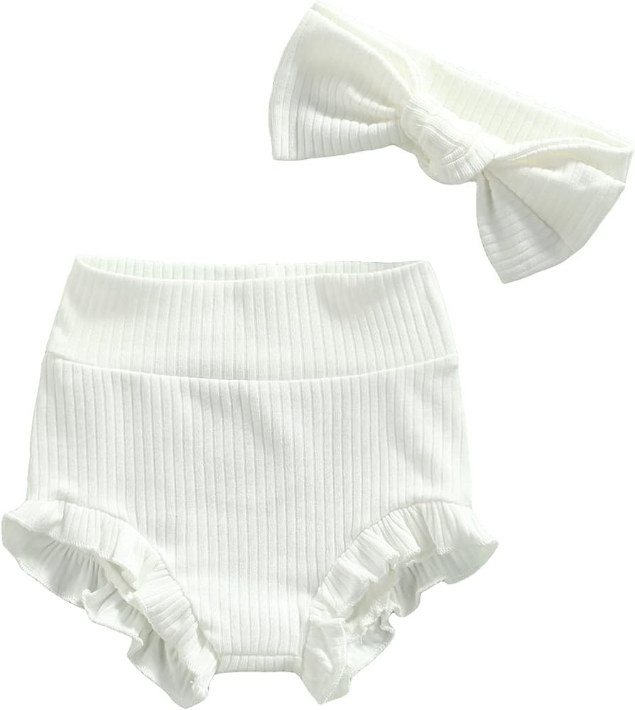Mubineo Infant Baby Girl Boy Basic Plain Cotton Ruffle Bloomer Shorts Headband Set | Amazon (US)