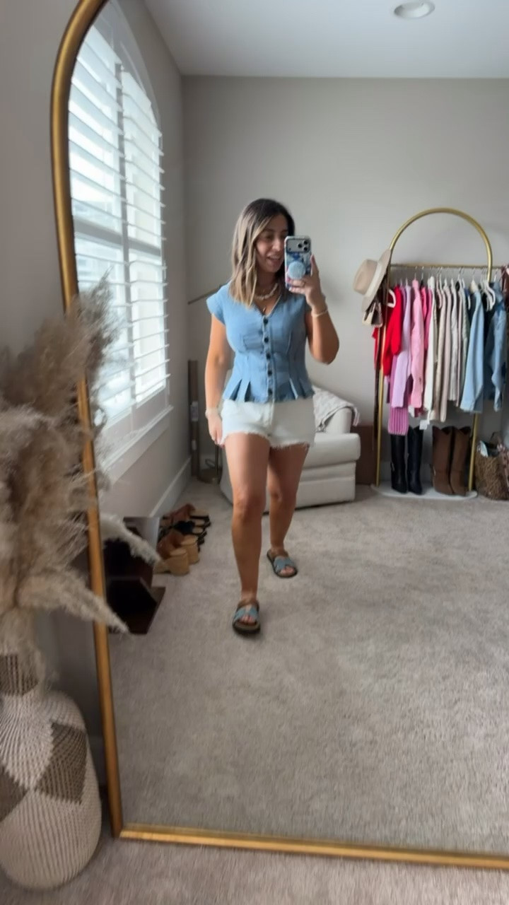 This denim peplum top is absolutely adorable and the fit is so flattering. I am obsessed with the way this entire look turned out with the white denim shorts and the blue and brown sandals! This look would be so good for a lunch date and will absolutely be a hit for the fall with some wide leg jeans and boots. 
Date night outfit, petite fashion

#LTKMidsize #LTKPetite #LTKSeasonal