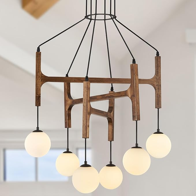 Rustic Wood Chandeliers with 6 Milk Glass Globes Shapes, L28'' Unique Mid Century Long 6-Light Fa... | Amazon (US)