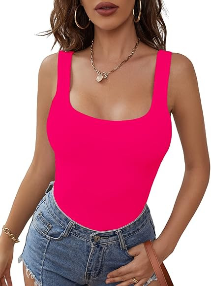 Abardsion Women's Sexy Sleeveless Strappy Square Neck Double Layer Basic Bodysuit Tank Tops | Amazon (US)