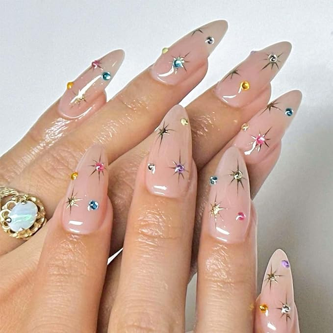 Almond Press on Nails Medium Fake Nails Star with Rhinestone Design Nude False Nails Artificial F... | Amazon (US)