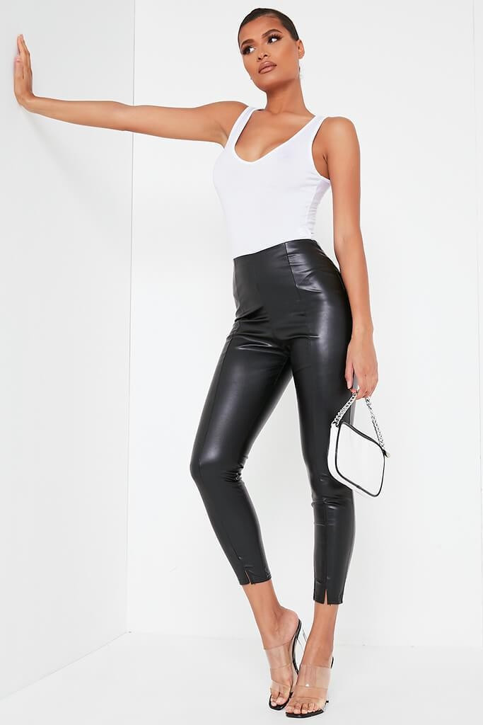 Black Faux Leather Front Split Seam Leggings | ISAWITFIRST