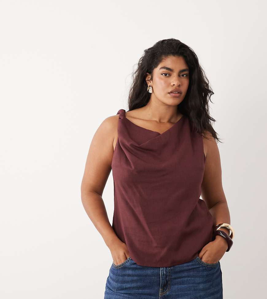 ASOS DESIGN Curve linen blend twist shoulder top in burgundy-Red | ASOS (Global)