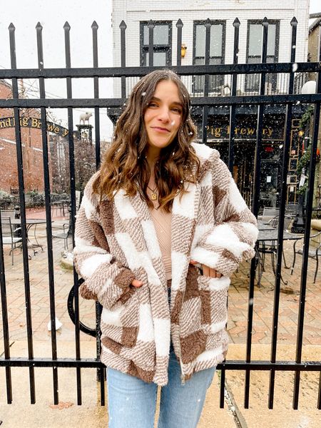 Faux shearling coat from Amazon. Brown and white checkered coat fits tts. I sized up one size to a medium for an oversized fit. Coat comes in multiple colors. 

#LTKfindsunder50 #LTKsalealert #LTKSeasonal