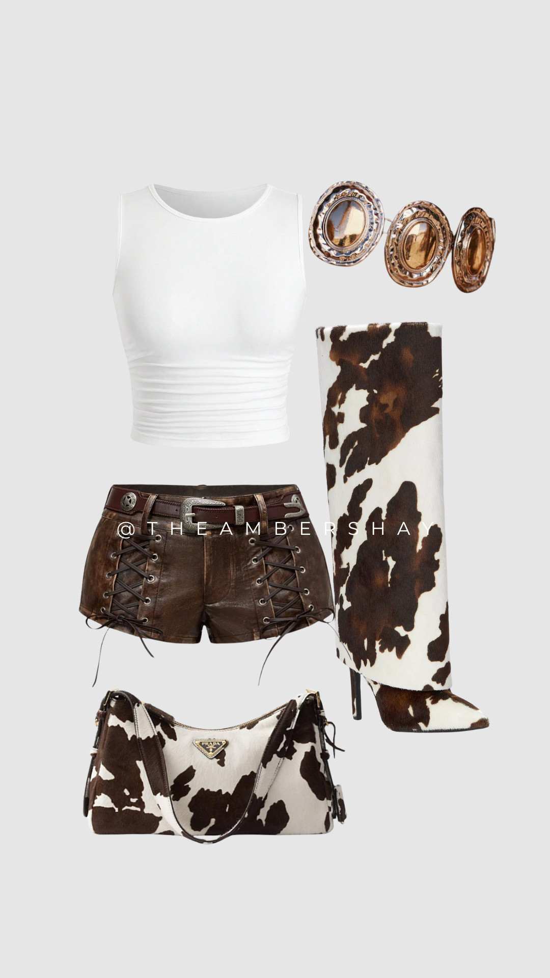 This cow print outfit is giving modern cowgirl aesthetic with a bold western fashion twist 🤎🐄 A sleek white crop top paired with lace-up leather shorts creates the perfect western inspired outfit, finished with statement cow print boots and a designer cow print bag. This look is perfect for festival season, concerts, or anytime you want a standout cowgirl outfit idea that feels trendy and elevated.

#CowPrintOutfit #CowgirlAesthetic #WesternInspiredFashion #CowPrintBoots #FestivalOutfitInspo #LTKStyle #TrendingFashion #SHEINFinds #StatementAccessories #OOTD 

 #LTKgrwm #LTKootd #LTKSaleAlert