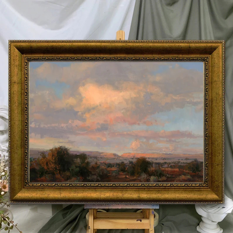 Pink Cloud Small Oil Painting Vintage California Landscape Painting Vast Plains National Park Art... | Etsy (US)