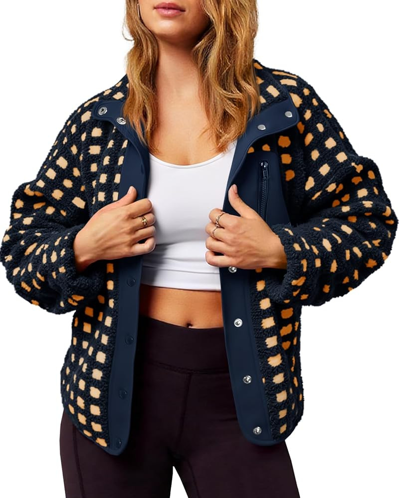 Tankaneo Womens Fleece Sherpa Jacket Fuzzy Checkered Button Down Stand Collar Jacket Winter Warm ... | Amazon (US)