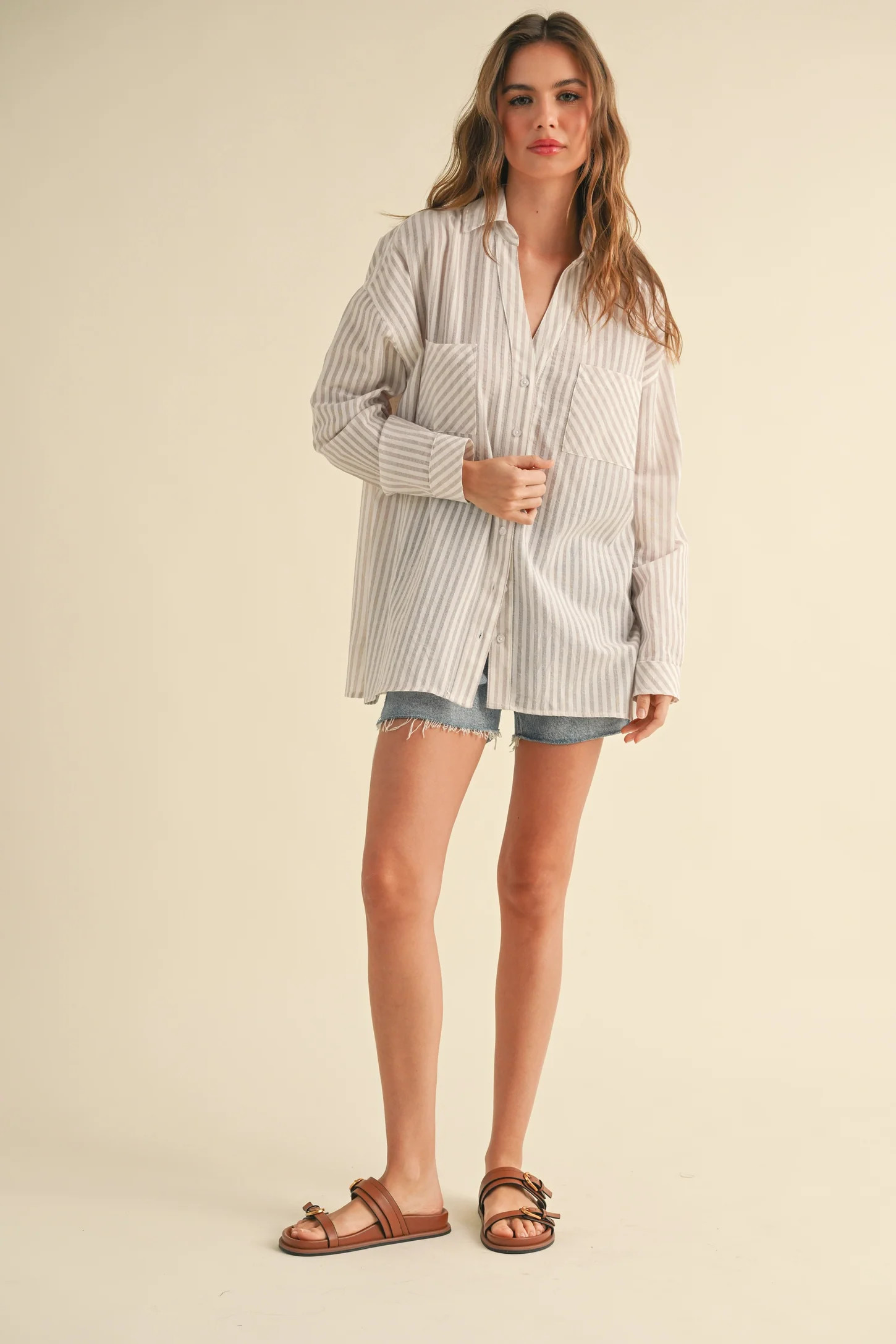 Navy Striped Double Pocket Button Down Top | PinkBlush Maternity