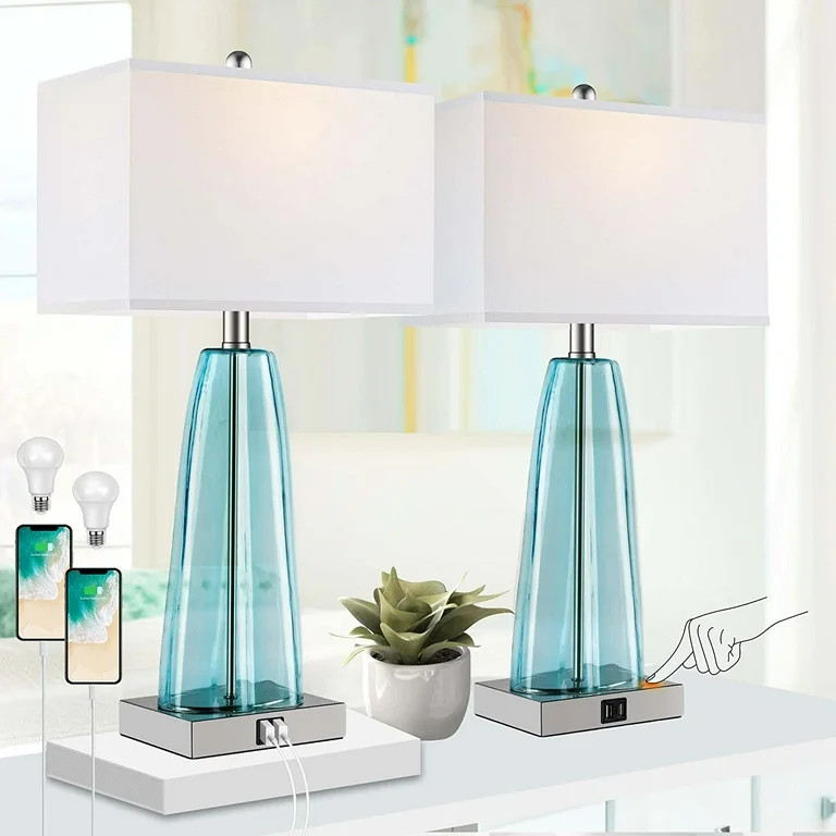 Partphoner Modern Blue Green Glass Bedside Lamp Table Lamp Set of 2 with 2 USB Ports, 3-Way Dimma... | Walmart (US)