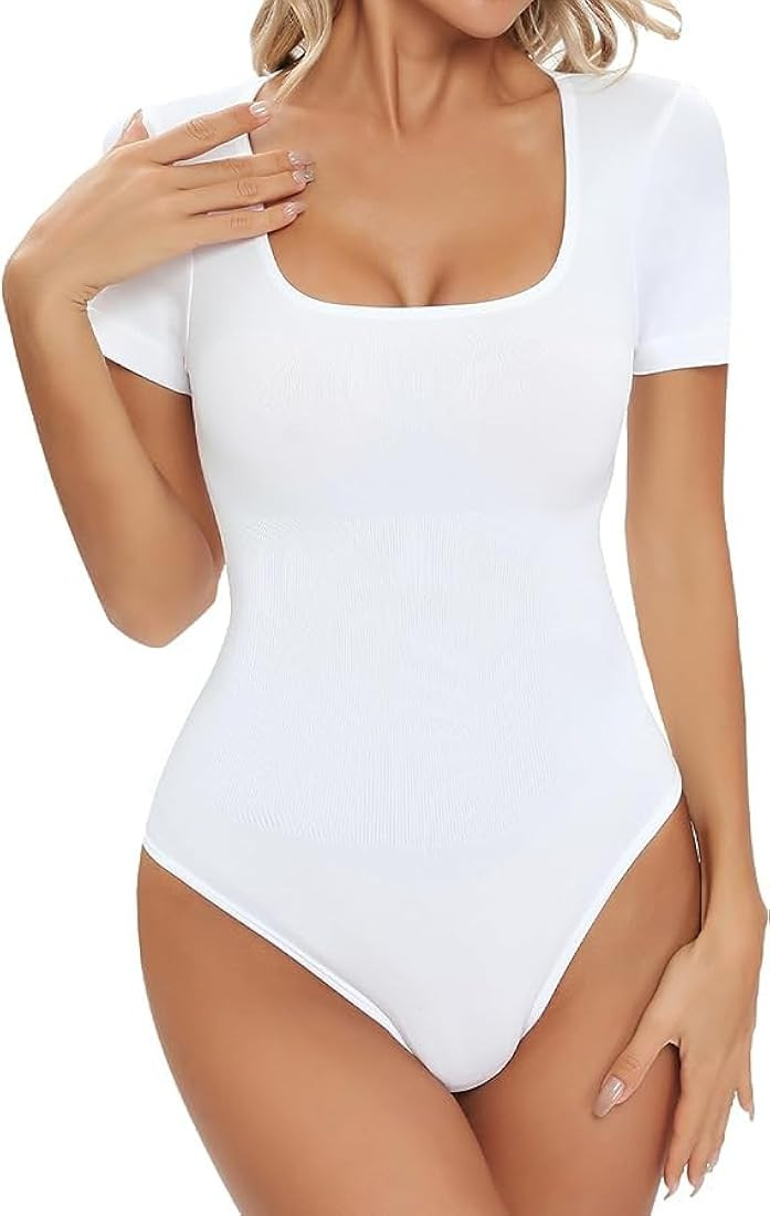 Women's Square Neck Bodysuits Short Sleeve Tummy Control Shapewear Thong Sculpting Body Shaper | Amazon (US)