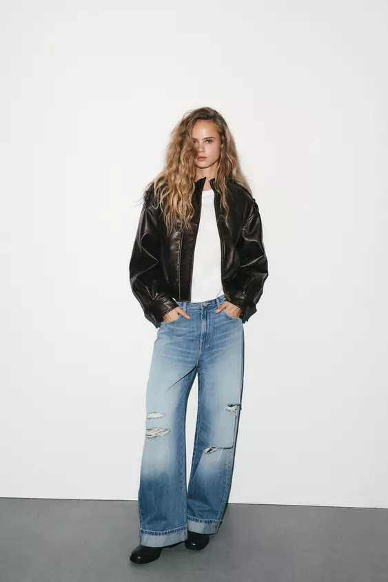 TRF RIPPED FOLDED BAGGY JEANS | Zara US