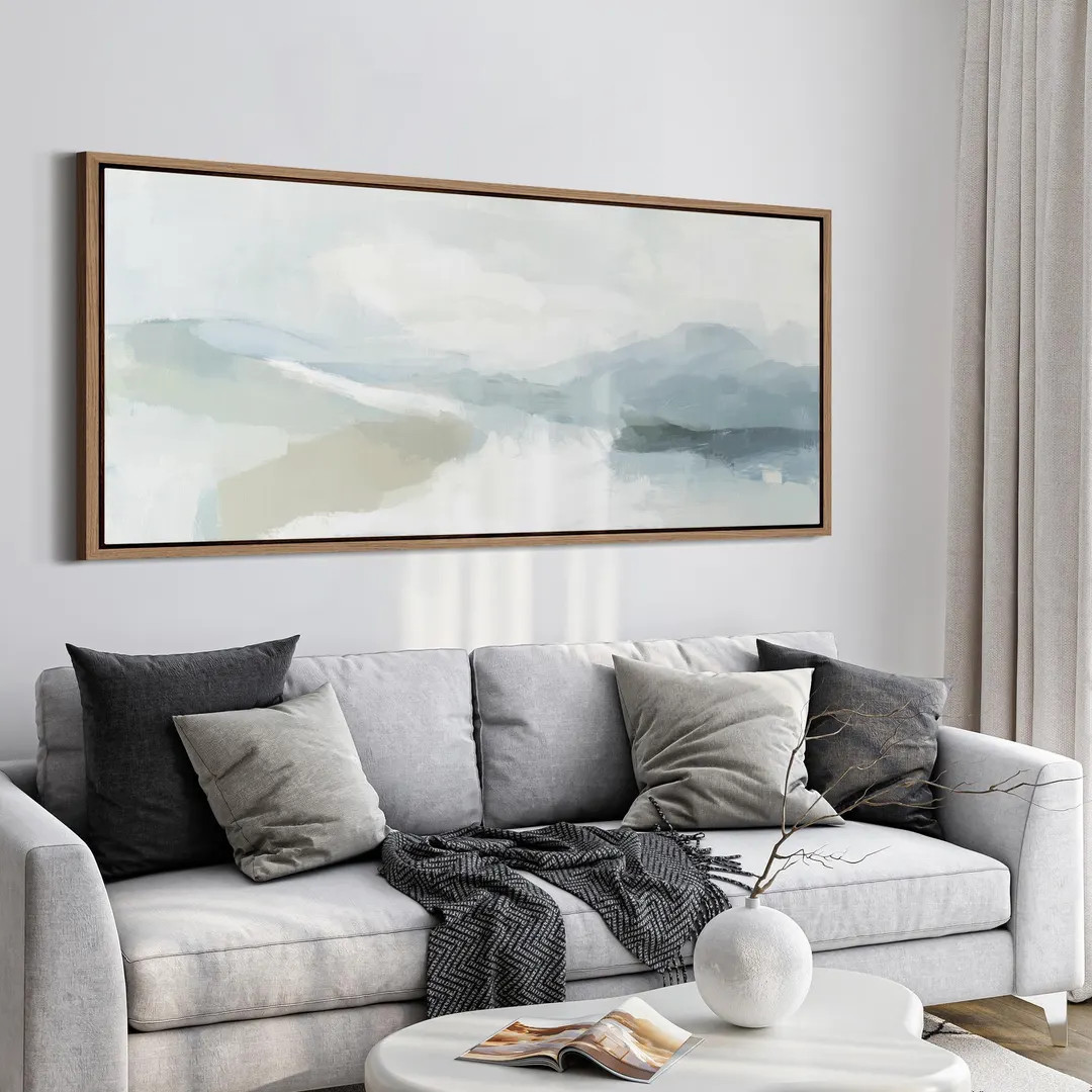 Cool Toned Abstract Landscape Wall Art - Large Framed Canvas Print, Soft Blue & Grey Mountain Pai... | Etsy (US)