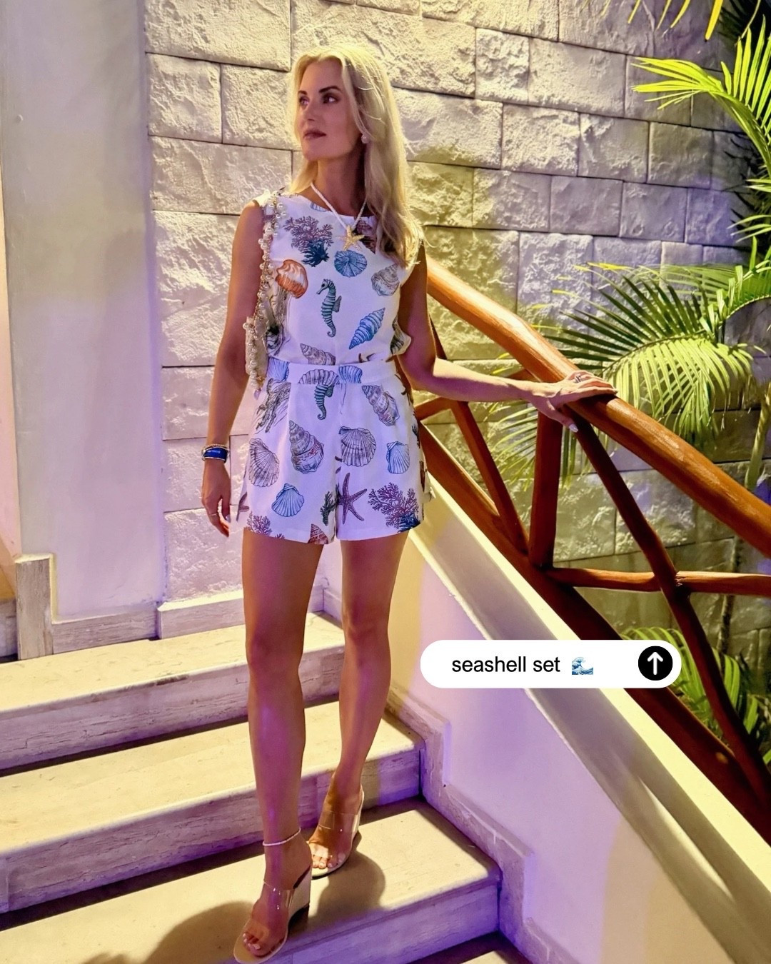 Beach vacation outfit – wearing a small in the two-piece set with seashell print. Take 12% off with code:  caitlinzintl_12 #commense @Commense ￼

#LTKTravel #LTKSeasonal #LTKSaleAlert
