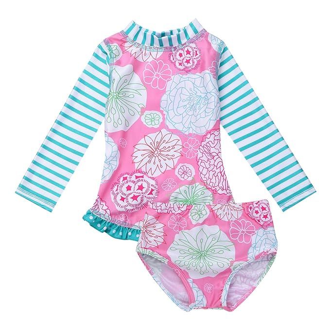 dPois Infant Baby Girls' One-Piece Long Sleeves Floral Rash Guard Ruffles Swimsuit Swimwear with ... | Amazon (US)