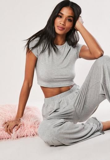 Gray Crop Top Wide Leg Pyjama Set | Missguided (US & CA)