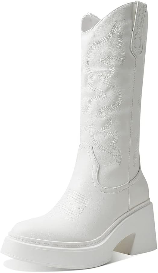 Mattiventon Mid Calf Cowgirl Boots for Women Chunky Platform Embroidery Cowboy Boots Pull on Mid ... | Amazon (US)