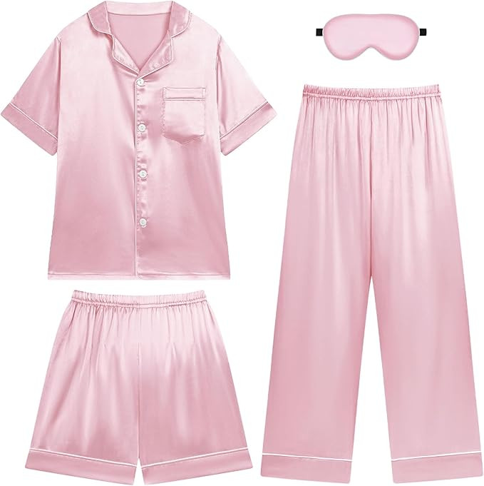 Weixinbuy Girls Pajama Set Silk Satin Pajamas for Kids Girls Boys Button Down Pjs Set Casual Slee... | Amazon (US)