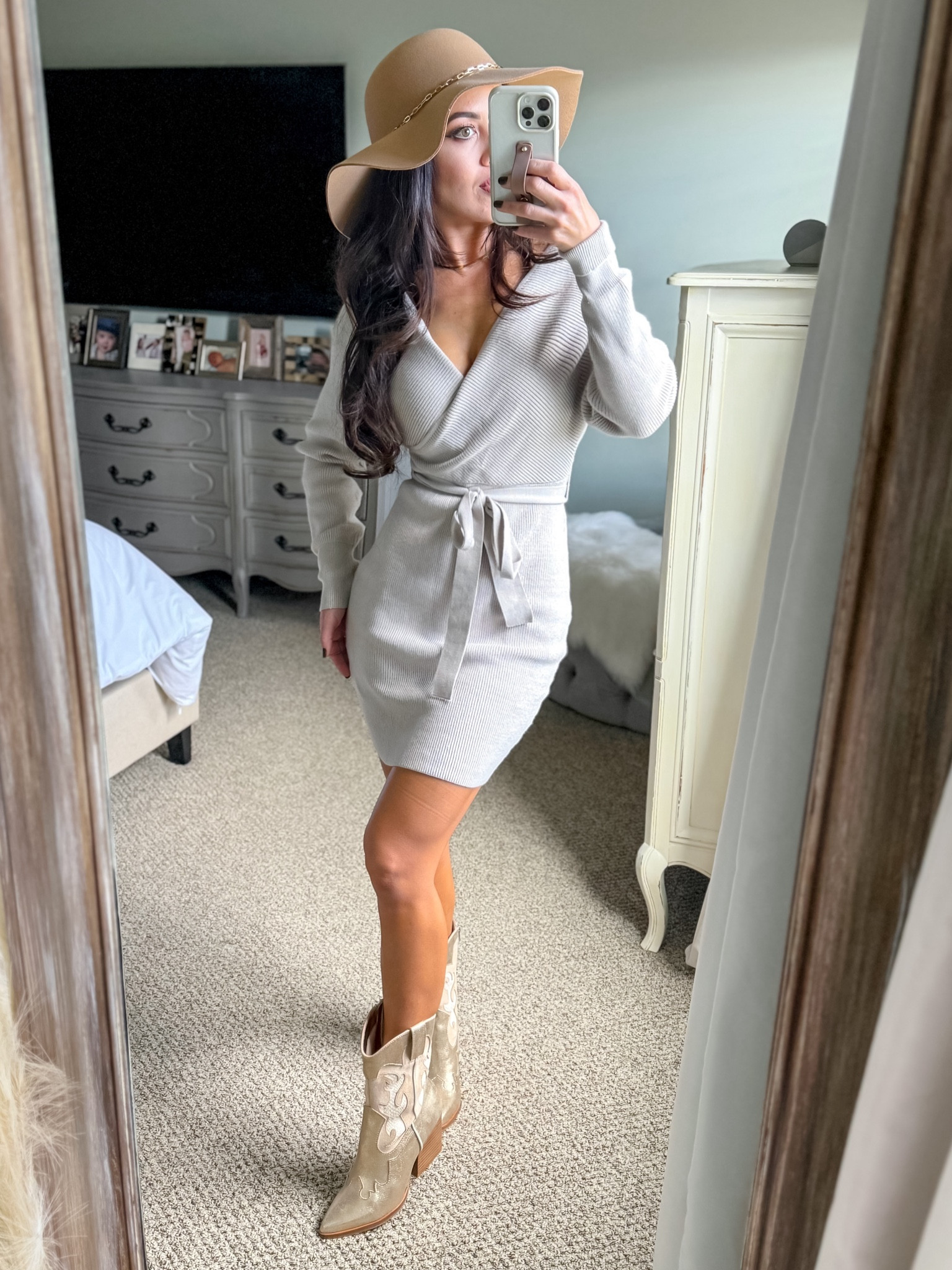 Fall outfit. Wedding dress sweater dress. Good boots. Felt floppy hat  

#LTKstyletip #LTKSeasonal #LTKwedding