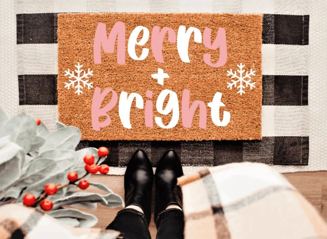Merry Bright Pink Christmas Doormat Winter Custom - Etsy | Etsy (US)