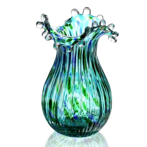 Green Glass Bubble Vase for Flowers, 8.5" Blown Glass Vase for Home Decor, Modern Art Flower Vases Decorative | Table Centerpiece, Olive Plant, Wedding, Living Room, Bookshelf, Office, Entryway | Amazon (US)