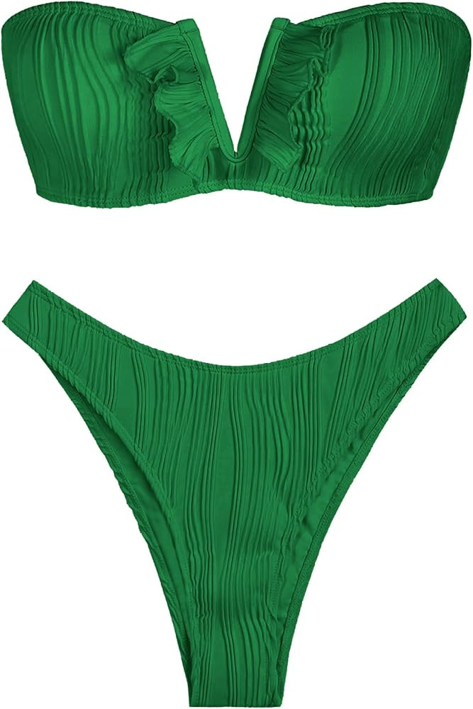 ZAFUL Women V-Wired Ruffle Ribbed Bandeau Bikini, Lace Up Bikinis Strapless Two Pieces Swimsuit | Amazon (US)