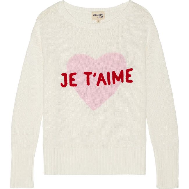 Women's Je T'aime Crew Neck Drop Shoulder Sweater, White | Maisonette