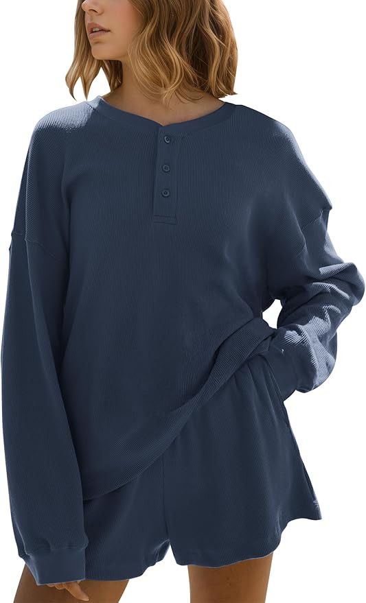 MISSACTIVER Waffle Knit Lounge Sets for Women Long Sleeve Oversized Sweatshirt Elastic Waist Shor... | Amazon (US)