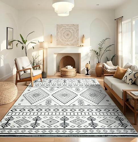 B BENRON Modern Boho Rugs for Living Room 5x7, Non Slip Transitional Area Rugs for Bedroom Dining Table Kitchen, Washable Abstract Throw Rug for Home Decor, Black, Cream, Geometric | Amazon (US)