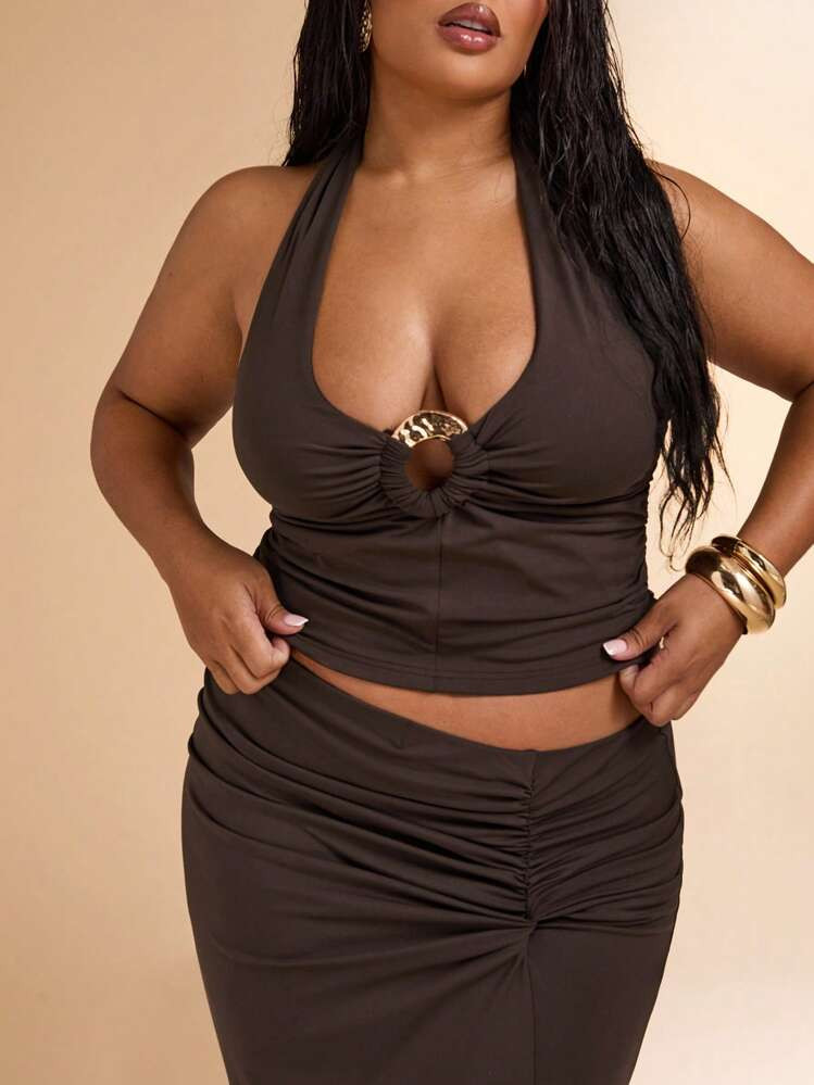 Curve Brown Co-ord Set Halterneck Top And Maxi Skirt  | SHEIN