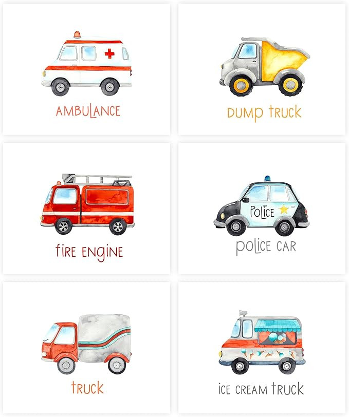 Truck Wall Pictures/Set of 6 Car Wall Art Print for Boys Room Decor/Toddler Boy Room Decor,Play r... | Amazon (US)