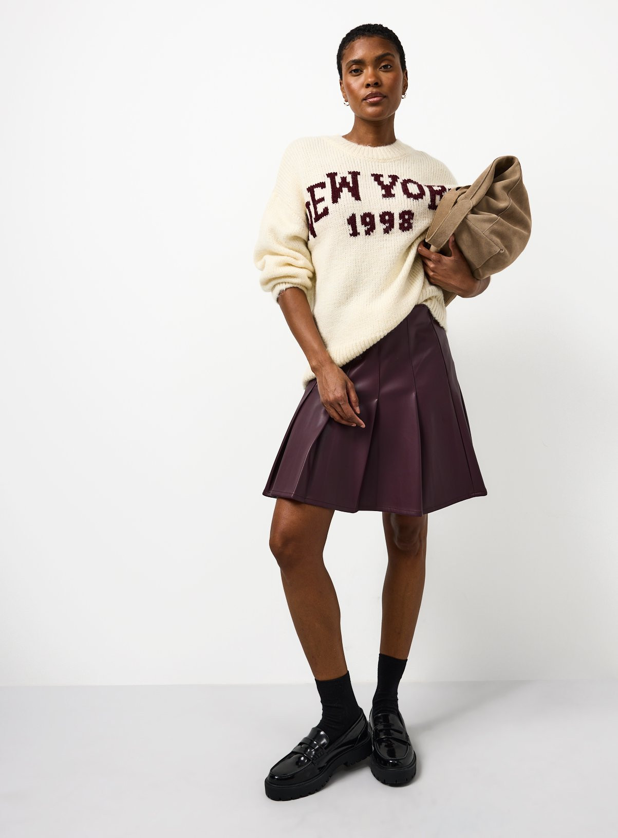 Cream New York Slogan Knitted Crew Jumper | Tu Clothing
