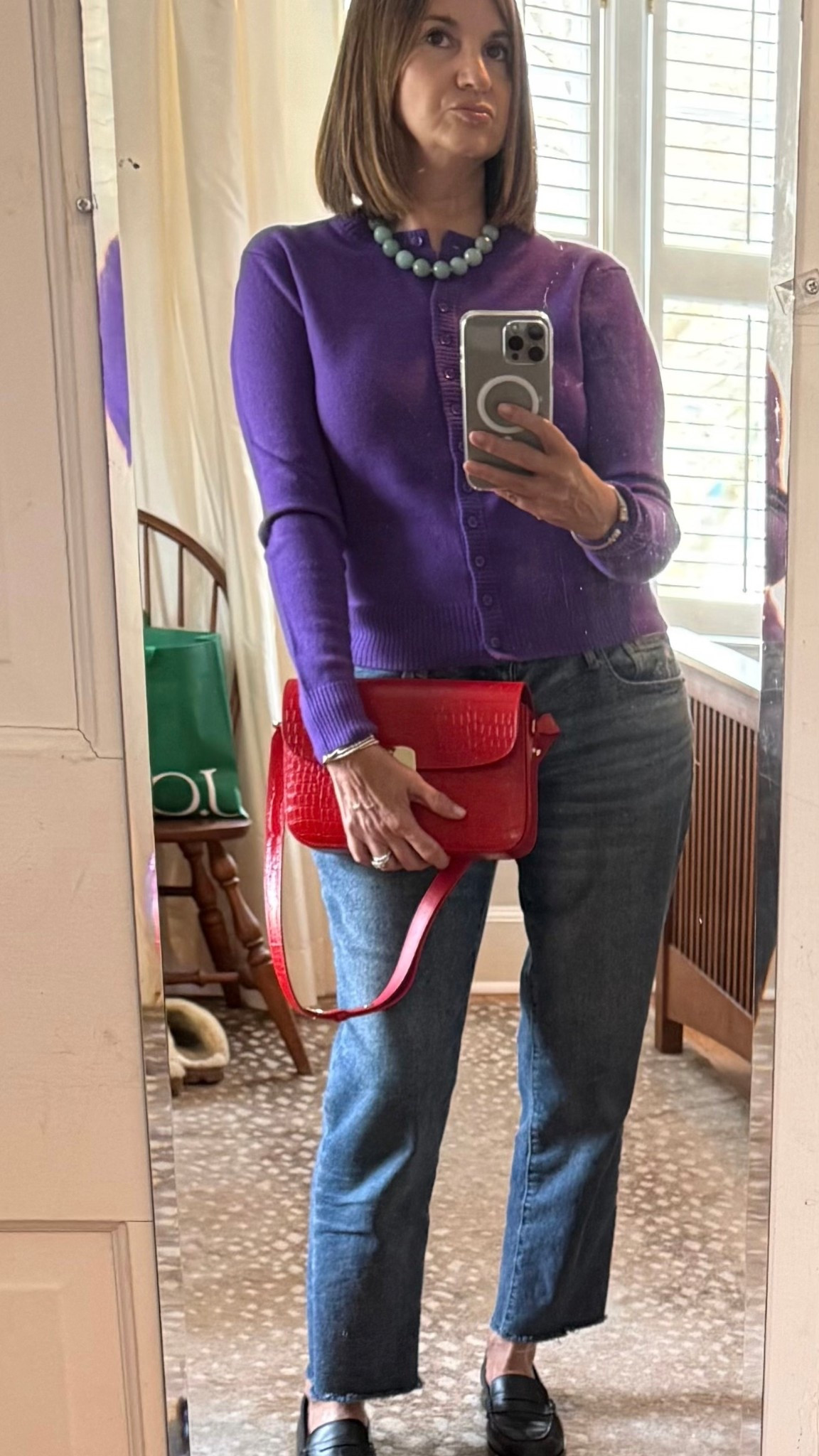 Hi friends! My advice : start layering in beautiful, cozy spring color now - who cares what the calendar, or the weather, says??!! This gorgeous purple cashmere cardigan, my Mum’s lush beaded necklace, the best worn in jeans and black loafers, plus this red bag I’m insane about - make up an outfit that’s perfect for a February 56 degree day. Warm + cozy with striking pops of color to lift our winter weary spirits. I hope your Wednesday morning is wonderful. #lcmlifestyle #redbag #purple #colorforspring 

#LTKgrwm #LTKSeasonal #LTKdayinmylife