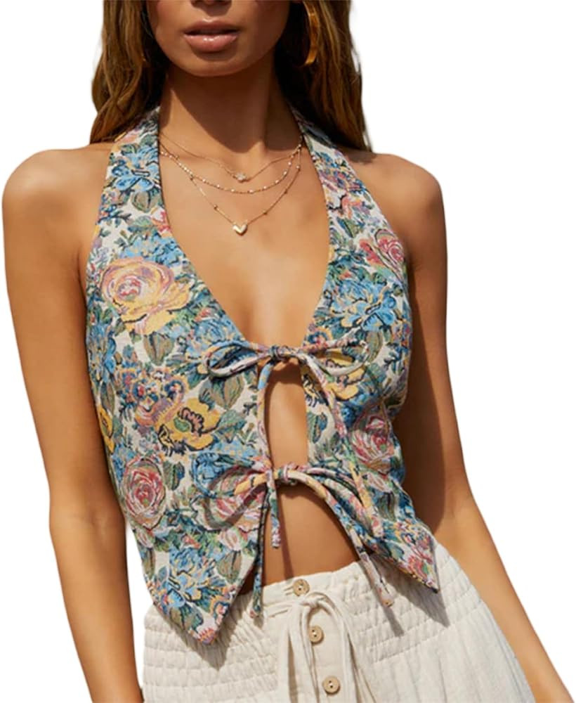 MBMSHEGH Women Tie Front Halter Tops Summer Retro Floral Print Backless Shirts Sleeveless Vest St... | Amazon (US)