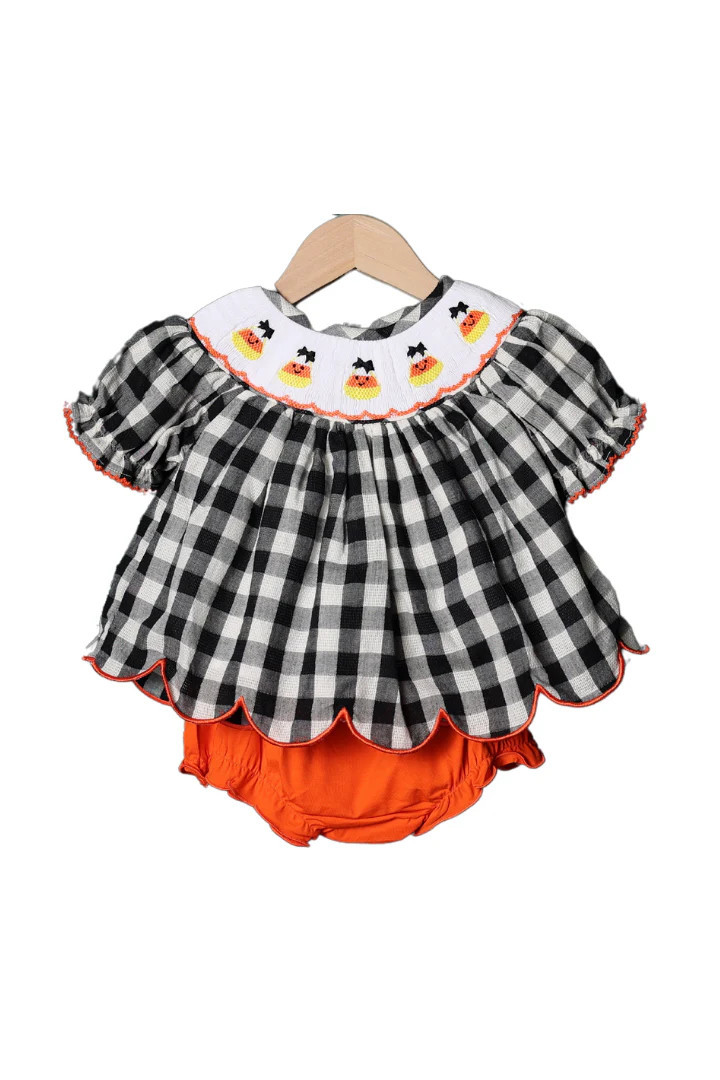 Smocked Fancy Candy Corn Black Gingham Bloomer Set | The Smocked Flamingo