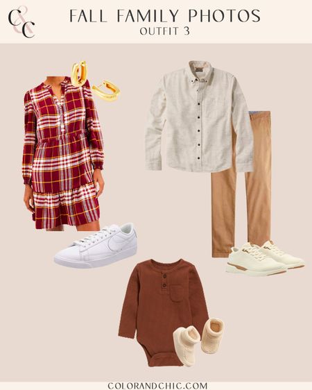 Fall family photos option 3 with plaid tiered mini dress, baby boy brown onesie, men’s tan shirt paired with pants and sneakers 

#LTKstyletip #LTKSeasonal