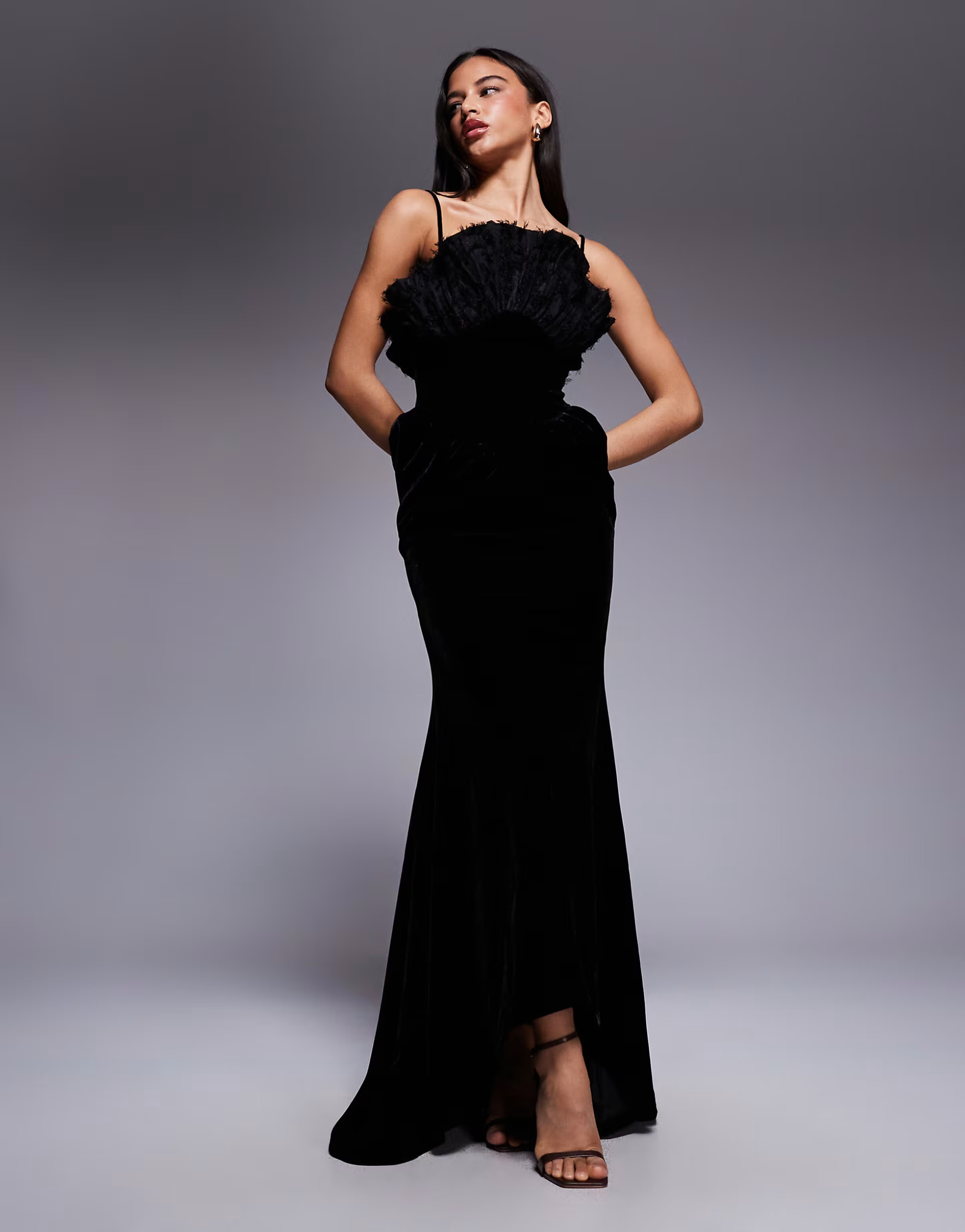 ASOS DESIGN premium velvet maxi dress with textured fan detail bodice in black | ASOS (Global)