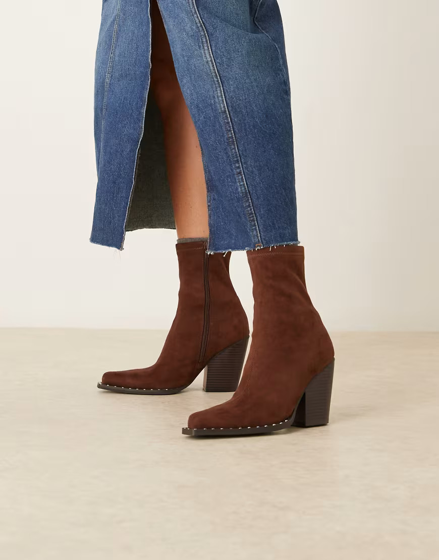 ASOS DESIGN Emrys western sock ankle boots in chocolate suedette-Brown | ASOS (Global)