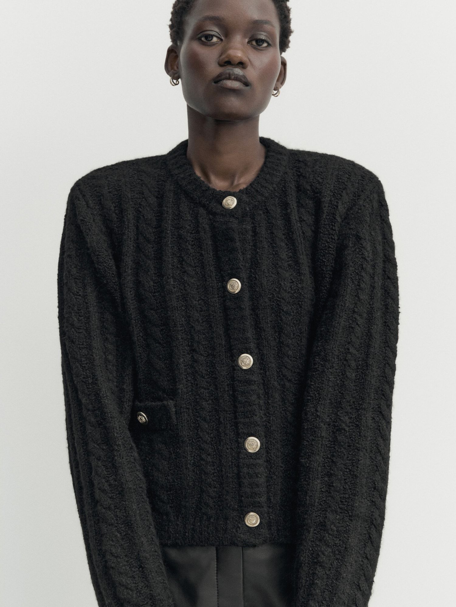 Bouclé woven knit mini cardigan with pockets | Massimo Dutti UK