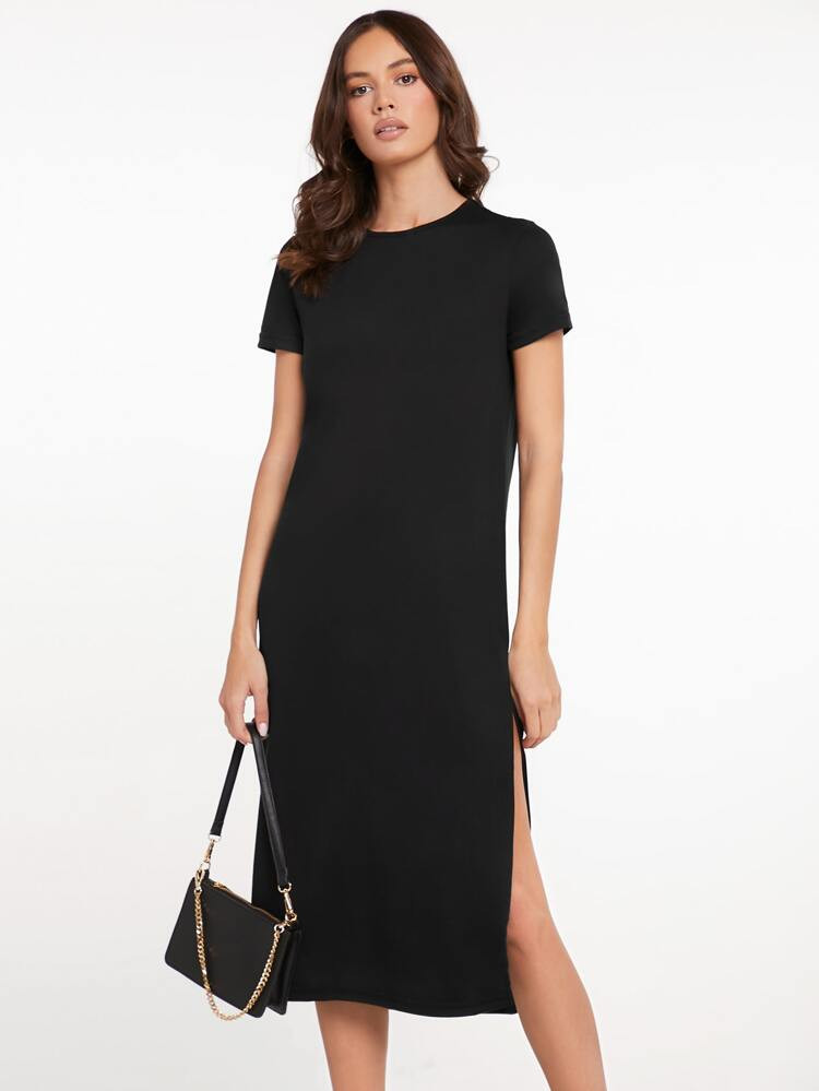 evoluSHEIN Solid Short Sleeve Side Slit Dress | SHEIN