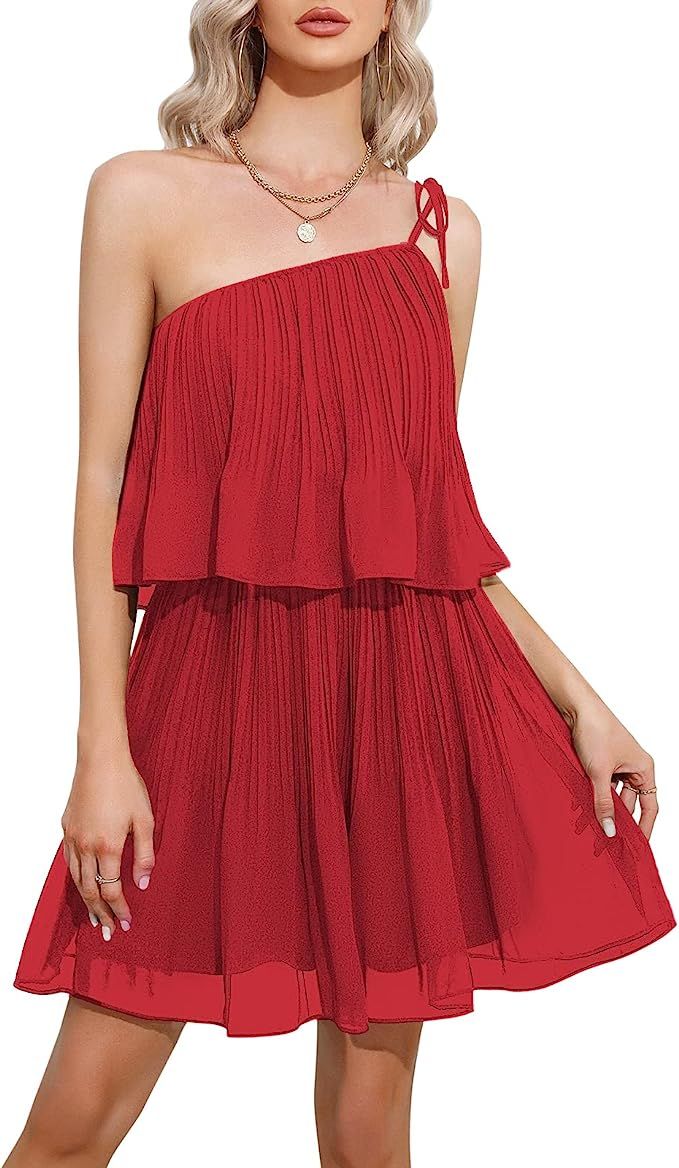 EXLURA Women's 2023 One Shoulder Layered Flowy Short Mini Dress Tiered Sleeveless Cocktail Weddin... | Amazon (US)