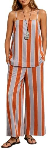 MSBESYOR Women 2 Piece Striped Lounge Sets Summer Set Sleeveless Camisole Top Wide Leg Pants Matc... | Amazon (US)