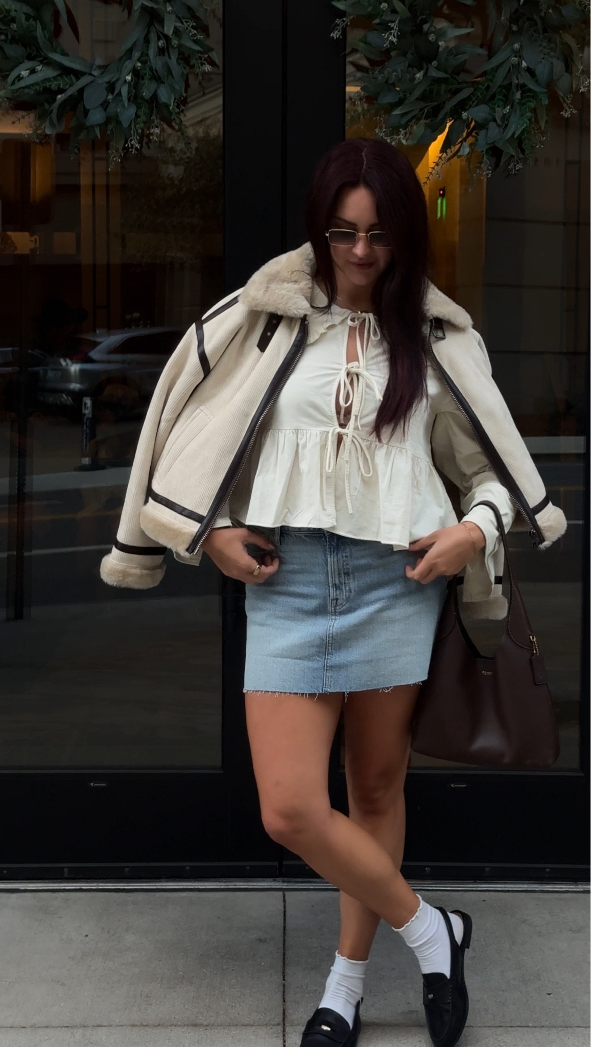 Spring summer transition outfit | been loving pairing, a denim skirt with a longer top or jacket lately to throw on when I’m in the shade or if it’s cold at night in Nashville! 

All pieces featured here I ordered my true size! ￼

#LTKootd #LTKSeasonal