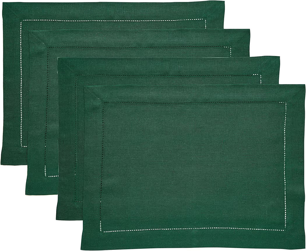 Solino Home Linen Placemats Set of 4 - Classic Hemstitch Rainforest Green Placemats 14 x 19 Inch ... | Amazon (US)
