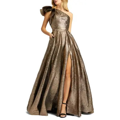 Mac Duggal One Shoulder Bow Detail Metallic Ballgown in Antique Bronze at Nordstrom, Size 8 | Nordstrom