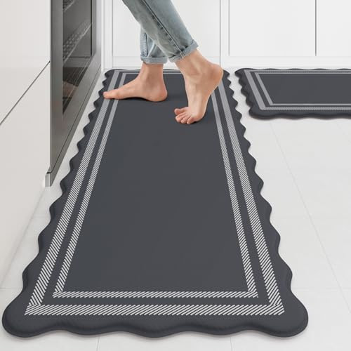 KIMODE Kitchen Mats Cushioned Anti Fatigue, Farmhouse Kitchen Rugs Sets of 2, Dark Grey Scalloped Rugs, Kitchen Floor Mat Non Slip, Comfort Standing Mat for Laundry Office Sink Desk 17"x47"+17"x29" | Amazon (US)