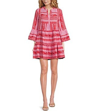 Elan Arrow Print Split V- Neck 34 Bell Sleeve Babydoll Dress - L | Dillard's